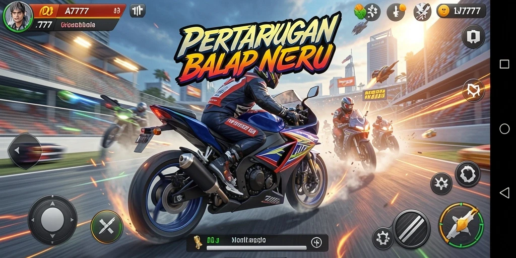 Screenshot permainan A7777 menampilkan aksi balap motor yang mendebarkan.