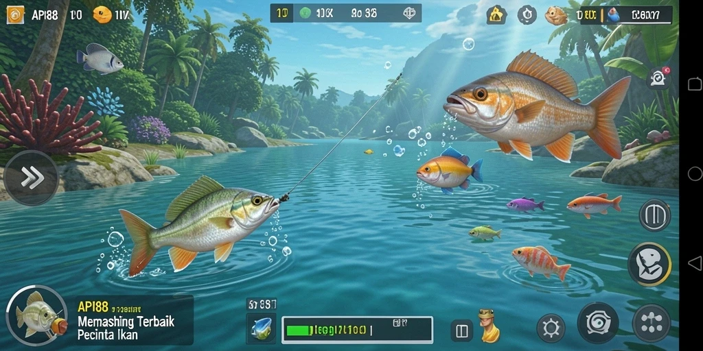 Screenshot menampilkan aksi memancing seru di berbagai lokasi indah.