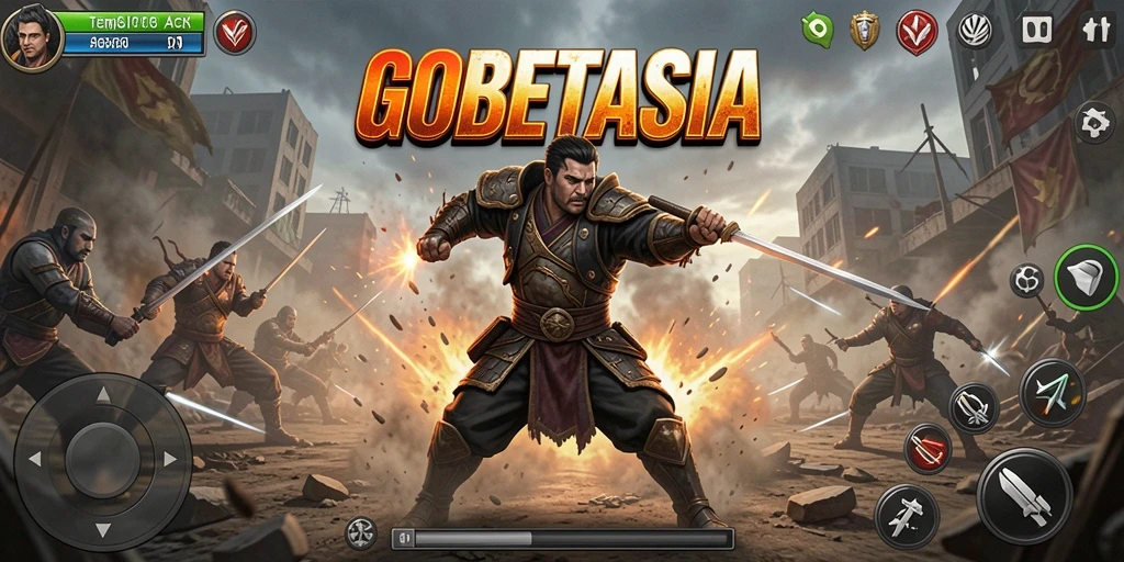 Screenshot utama GOBETASIA menampilkan aksi pertempuran yang mendebarkan.