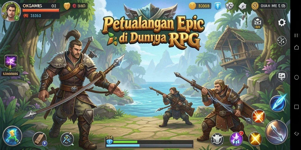 Screenshot gameplay OKGAMES menampilkan pertempuran seru dan karakter yang kuat.