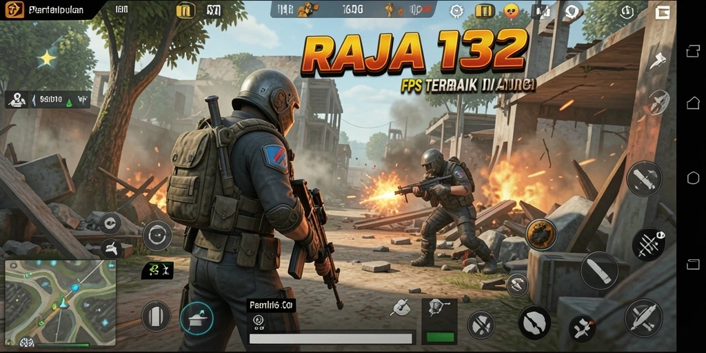 Tampilan seru gameplay RAJA132 dalam pertempuran FPS yang intens.
