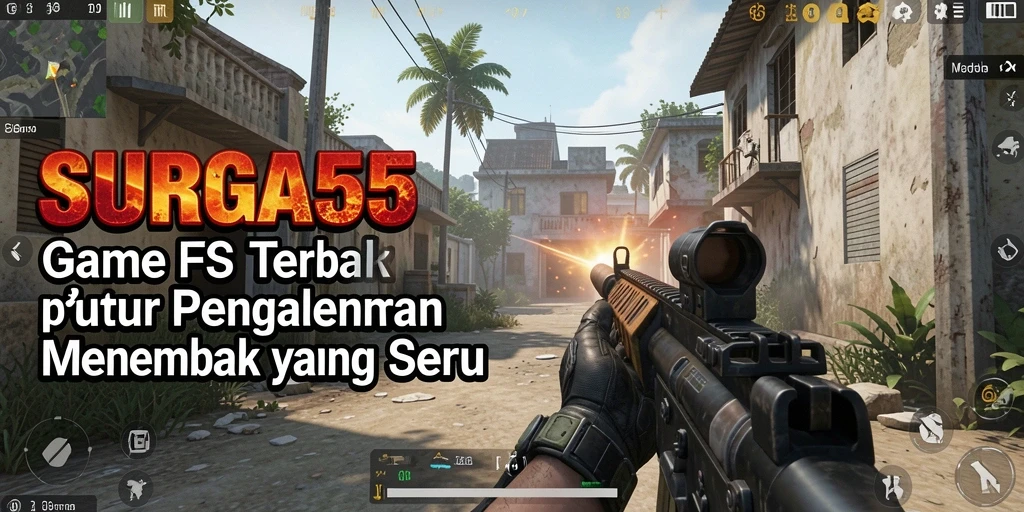 Tampilan gameplay SURGA55 yang seru menampilkan pertempuran FPS yang mendebarkan.