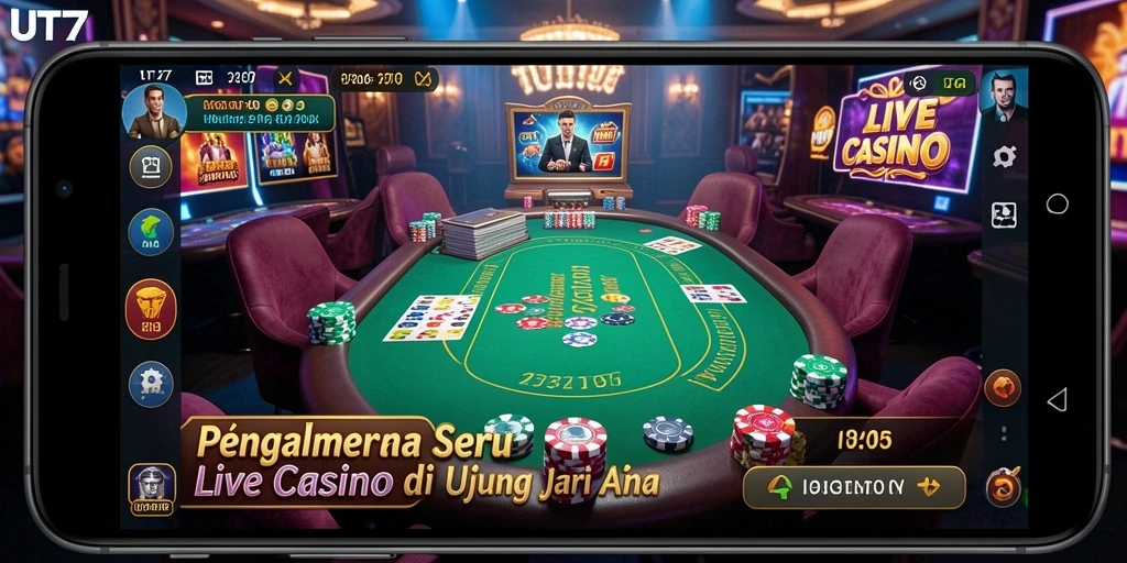 Screenshot UT77 menampilkan dealer langsung dan suasana kasino yang hidup.