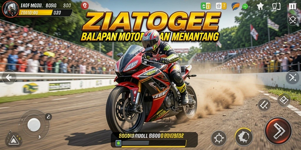 Tampilan gameplay menegangkan dengan motor balap di lintasan.